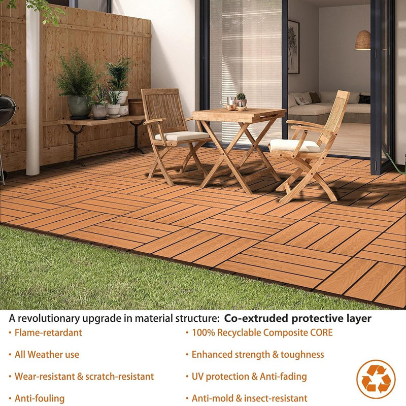 Dalles de terrasse composites emboîtables pour patio, balcon, véranda et jardin, couleur naturelle