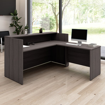 Bureau de réception en bois manufacturé en forme de L 72 po x P 72 po Arrive