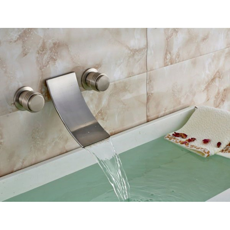 Modern Brushed Brass Wall-Mount Waterfall Faucet with Dual Handles for Bathroom Sink & Bathtub – Hot & Cold Mixer Tap