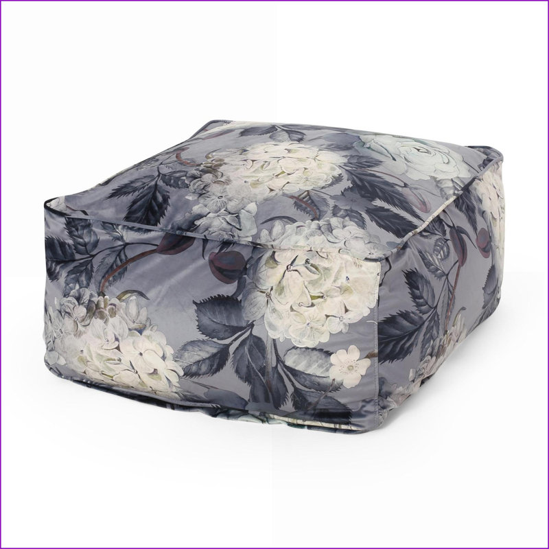 Ottoman, 42x24x19 Slate Gray Flower Print Pouf for Living Room | Floor Cushion | Gray+Flower, Gray