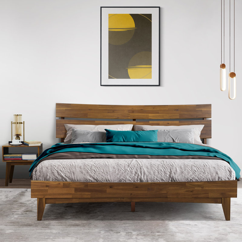2-Pcs Bedroom Set – Solid Wood Queen Platform Bed Frame & Matching Nightstand, Mid-Century Modern, Walnut Finish, 800 lbs Capacity, No Box Spring Needed
