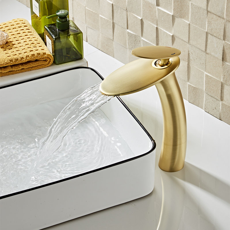 Waterfall Single Hole Bathroom Faucet With Deck Cover Plate With Pop Up Drain Assembly, Matte Gold