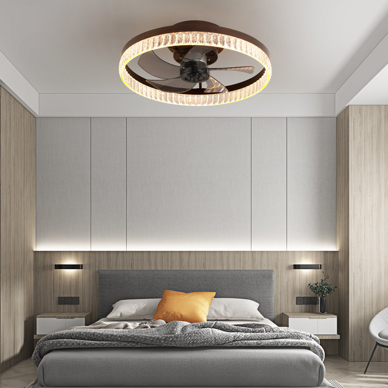 20" Brown Flush Mount Ceiling Fan with LED & Crystal Ring, Brown