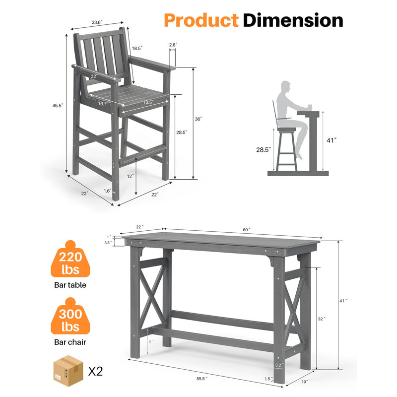 3 Pieces HDPE Outdoor Bar Table And Chairs Set, Tall Adirondack Chairs Set Of 2 With Rectangular Bar Table, Patio Bar Stools Set, HDPE Outdoor Patio Bar Set For Balcony, Porch, Deck