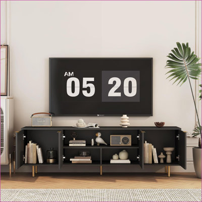 TV Furniture | Modern Black 68" Entertainment Center with Storage Doors, for 55+ Inch TVs | Black | MDF