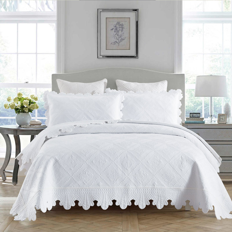 Ensemble 100% coton Tkemb broderie, Courtepointe grand + 2 couvre-oreillers standard, Blanc