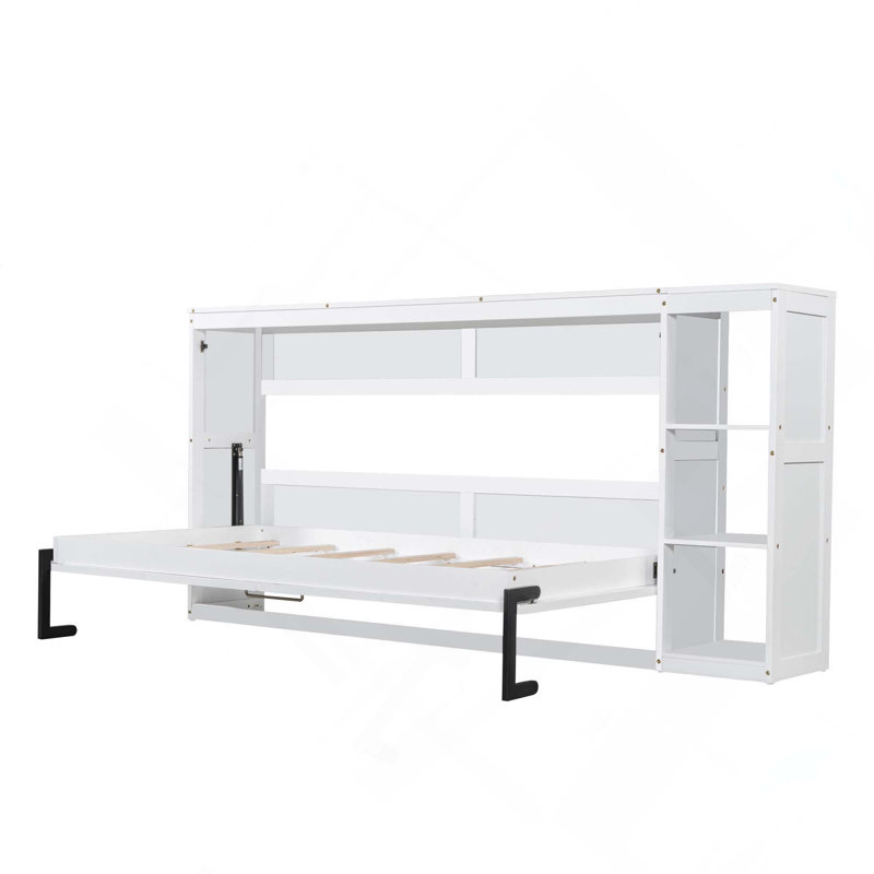 White Twin Murphy Bed with Integrated Bookshelf, Space Saving Wall Cabinet Bed
