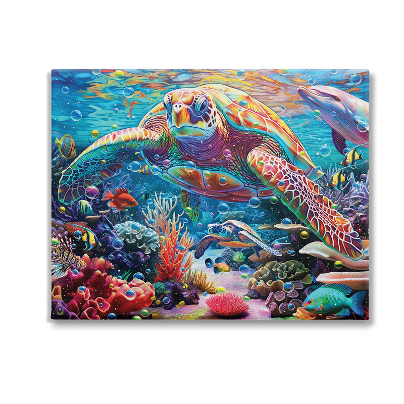 «Vivid Sea Turtle & Reef», art mural sur toile par Michael David Ward, H 16 po x l 20 po