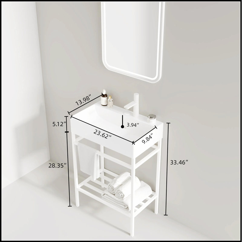 Meuble-lavabo autoportant de 24 po avec lavabo en céramique, pieds en métal ouverts et tablettes de rangement, finition blanche brillante pour les salles de bain modernes