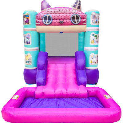 Funormous Gabby's Dollhouse Bounce House Water Slide with Pool & Ball Pit, Inflatable Bouncer for Kids Ages 3–8 with Basketball Hoop, Water Misting System, Blower & Carry Bag