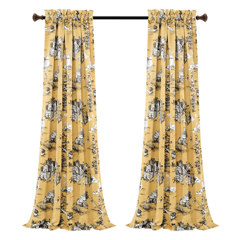 French Country Toile Room Darkening Curtain Pair, 52" W x 84" L, Yellow/Gray