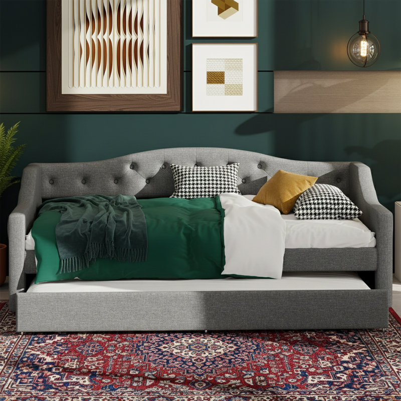84" Wide Twin XL Upholstered Daybed with Trundle - 80" Extra Long Sofa Bed with Remote Controlled 7-Color LED Lights - Premium Linen Bed Frame