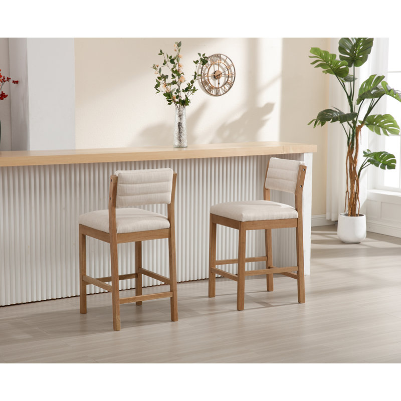 Tabouret de comptoir rembourré 26,5 po Tebbo avec structure en bois massif, Naturel, Blanc