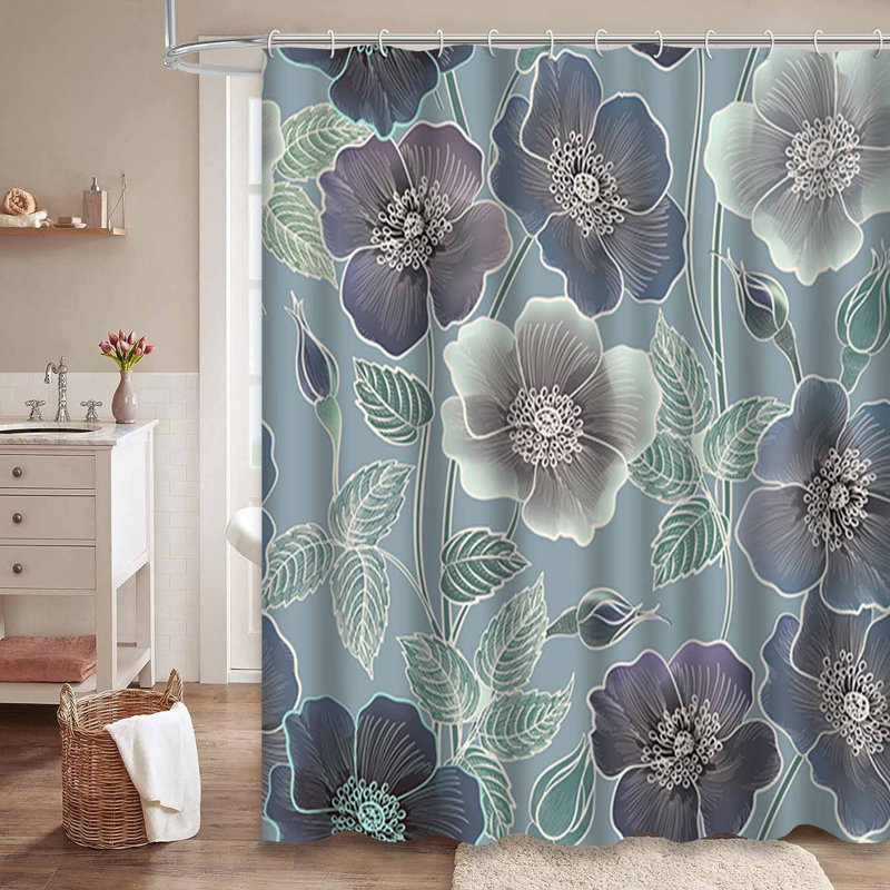 Rideau de douche imperméable à motif floral avec 12 crochets, L 72 po x l 84 po