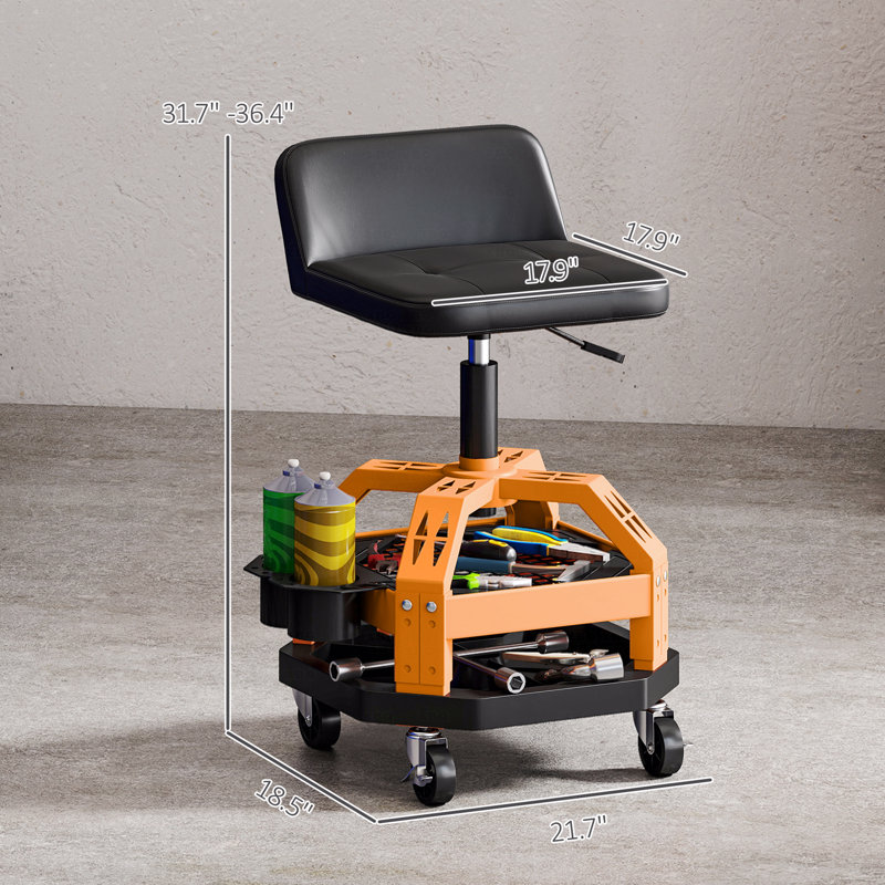 Capacity Mechanic Stool,Rolling Creeper Garage Stool,Tool Tray, Adjustable Height, Yellow