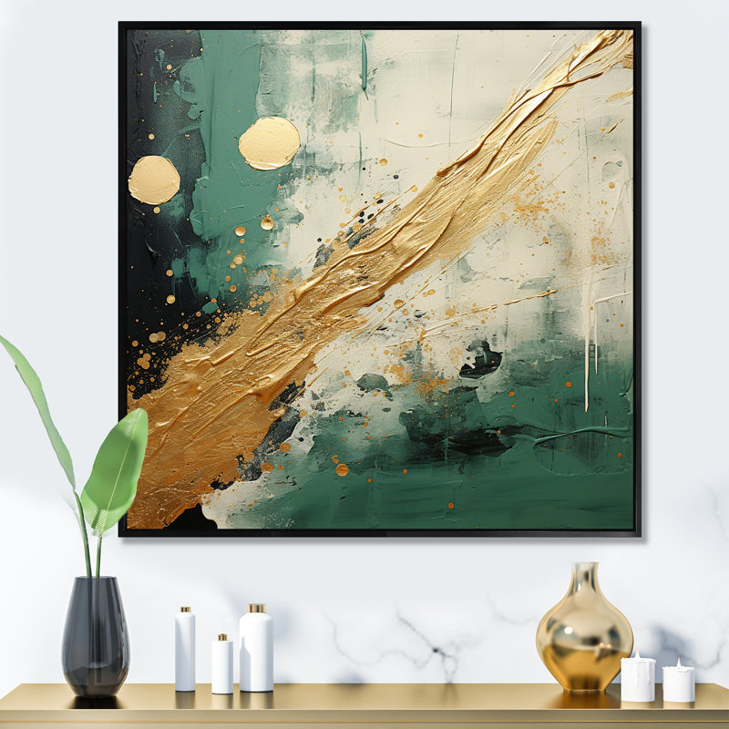 «Gold and Green Paint Fusion III», reproduction sur toile, Cadre flottant noir, H 24 po x l 24 po x P 1 po