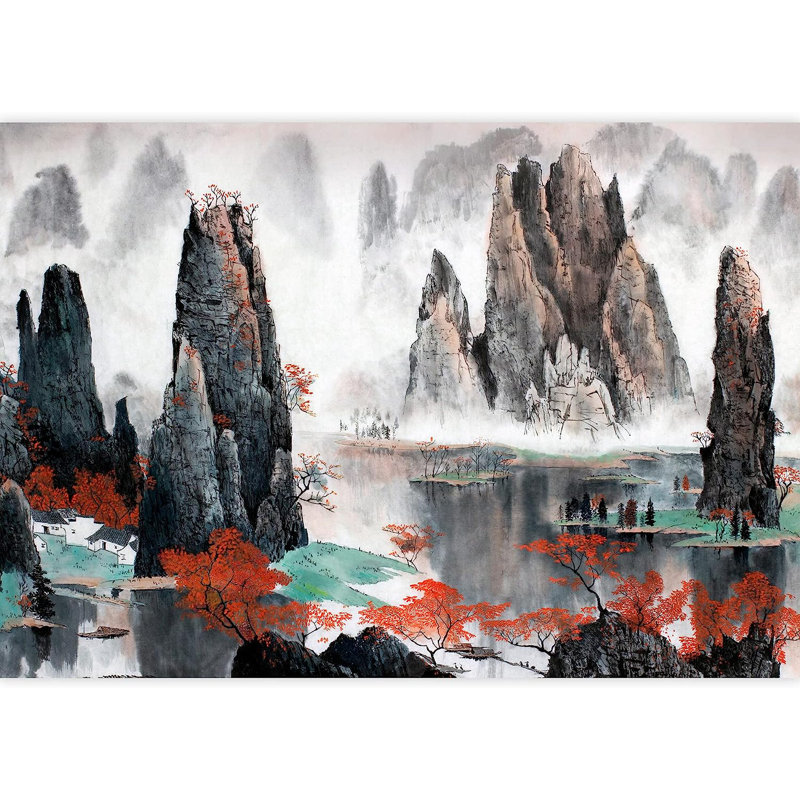 Murale encre, paysage brumeux et eau, L 100 po x l 144 po