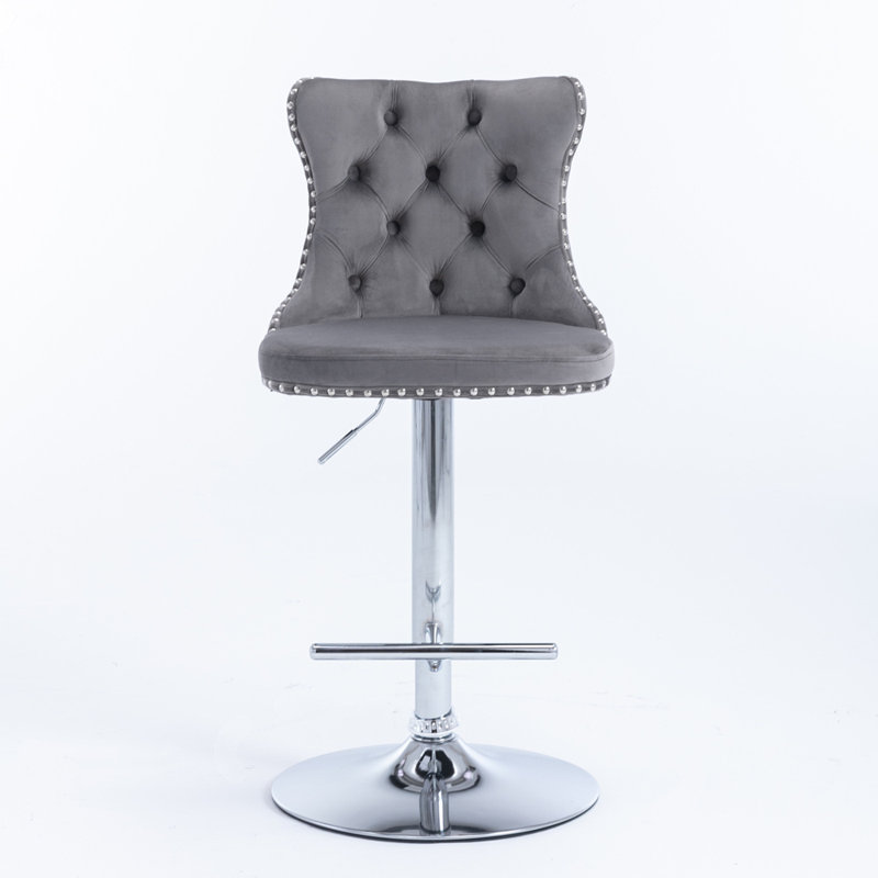 Swivel Velvet Barstools with Adjusatble Seat Height, Gray, Silver
