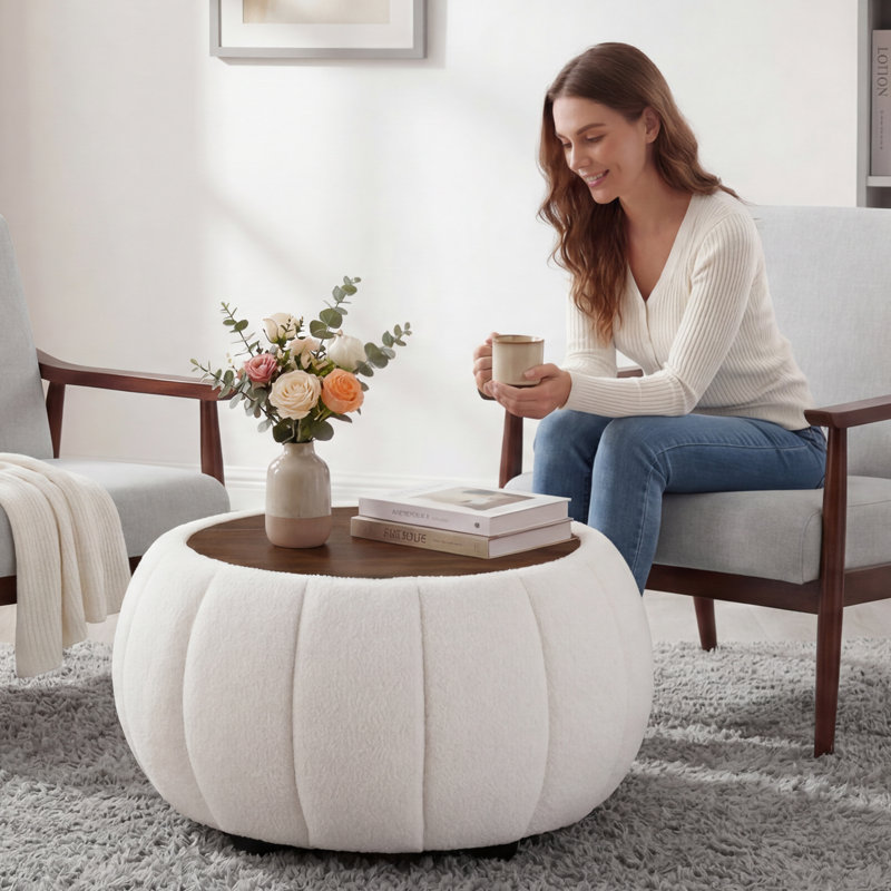 30 Inches Large Round Storage Ottoman, Modern Upholstered Ottoman Coffee Table, Wooden Top, Soft Teddy Fabric Surface, for Living Room, Bedroom, Pumpkin Shape,White