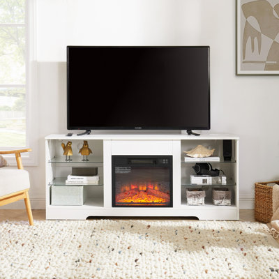 Meuble télé blanc avec foyer électrique et prise de courant, l 58 po, pouvant accueillir des téléviseurs de 32 à 62 po, technologie de Simulation de flamme l 58 po: 7 lumières DEL de couleur, 3 niveaux de luminosité, pour