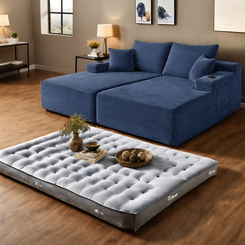 Canapé modulaire à compression en velours côtelé bleu 69 po