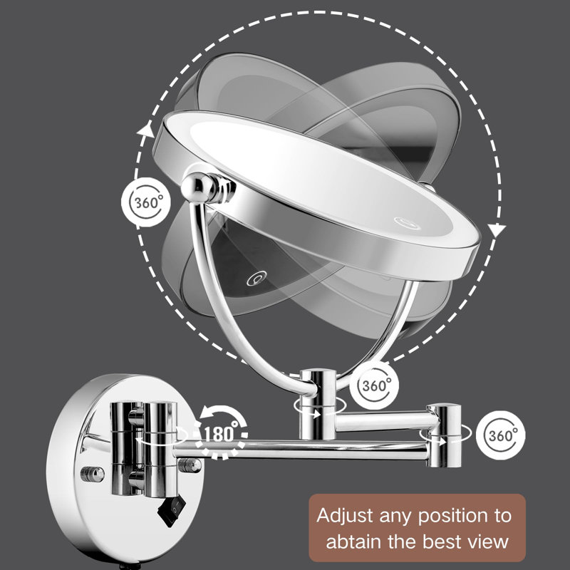 Wall Mounted Lighted Makeup Mirror With Magnification, 8-Inch 1X/10X Wall Mount Magnifying Mirror For Bathroom, Touch Dimmable, 360 Degree Swivel, 2-Sided, Extendable Arm