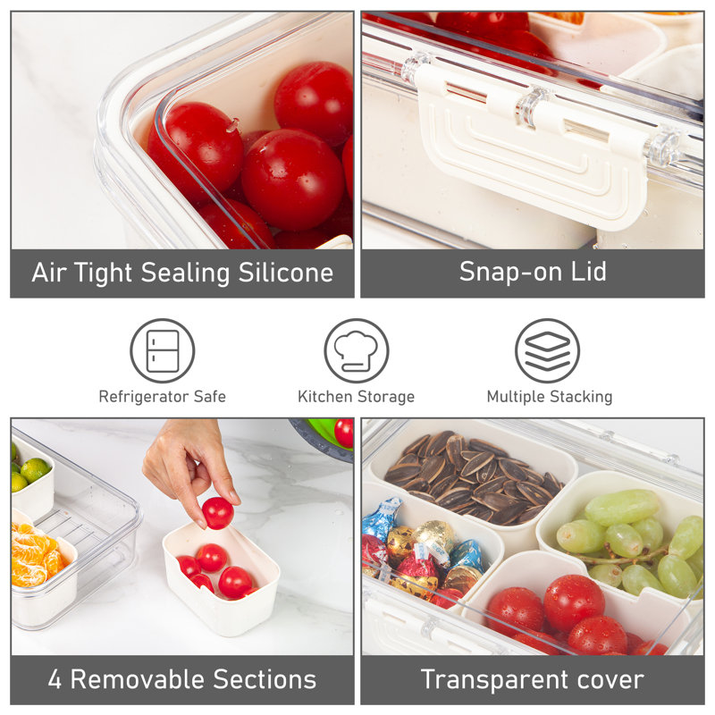 Doffin Snack Storage Container with 4 Compartments, BPA Free Plastic, Divided Serving Tray with Lid