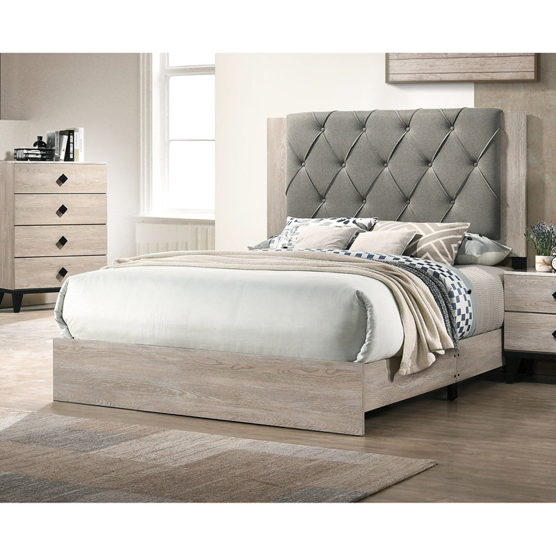 Grand lit avec tête de lit gris, finition crème, lit en bois d'hévéa, Crème/gris, Grand lit