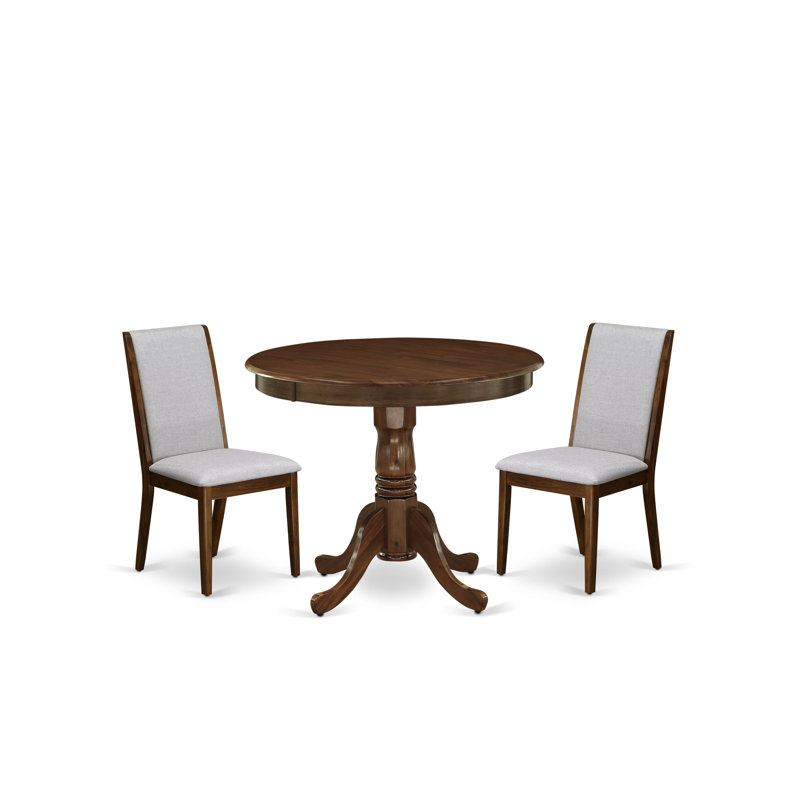 Segovia Solid Wood Top Pedestal Dining Set, Antique Walnut, Gray, 3 Pieces: Table, 2 Chairs