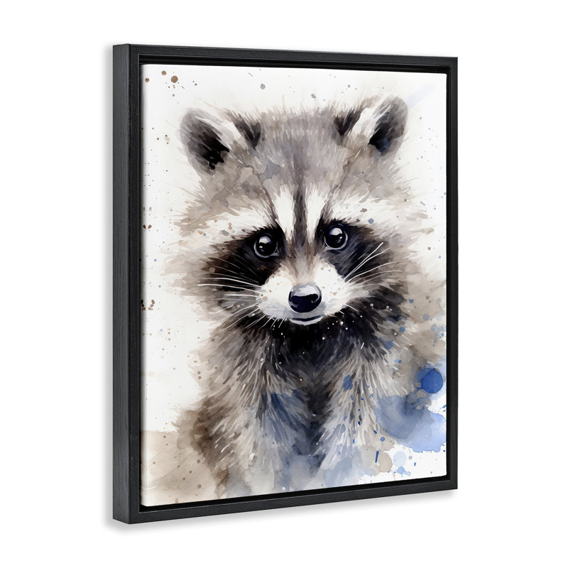 "Woodland Nursery Raccoon", art mural sur toile flottante par Franklyn Gregory, Cadre flottant noir de jais