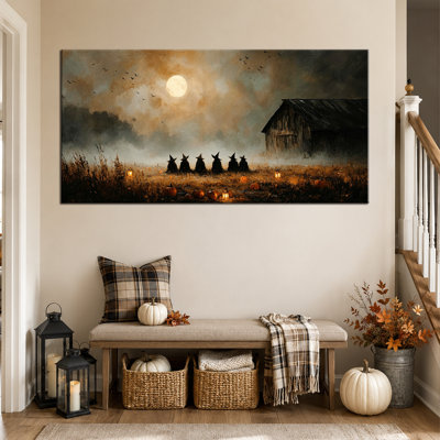 Décoration murale d'automne pour l'Halloween, tableaux d'Halloween, toiles décoratives d'Halloween, style gothique chaleureux avec des images de sorcières, pour salon ou entrée, 61 x 122 cm