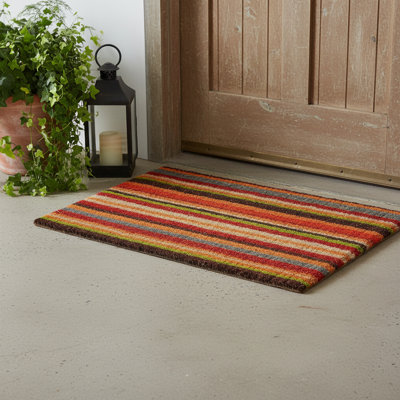 24" X 36" Red Orange And Green Variegated Stripe Outdoor Coir Door Mat