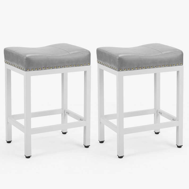 Tabouret de comptoir 24,21 po Michille, Siège gris / cadre blanc, 2