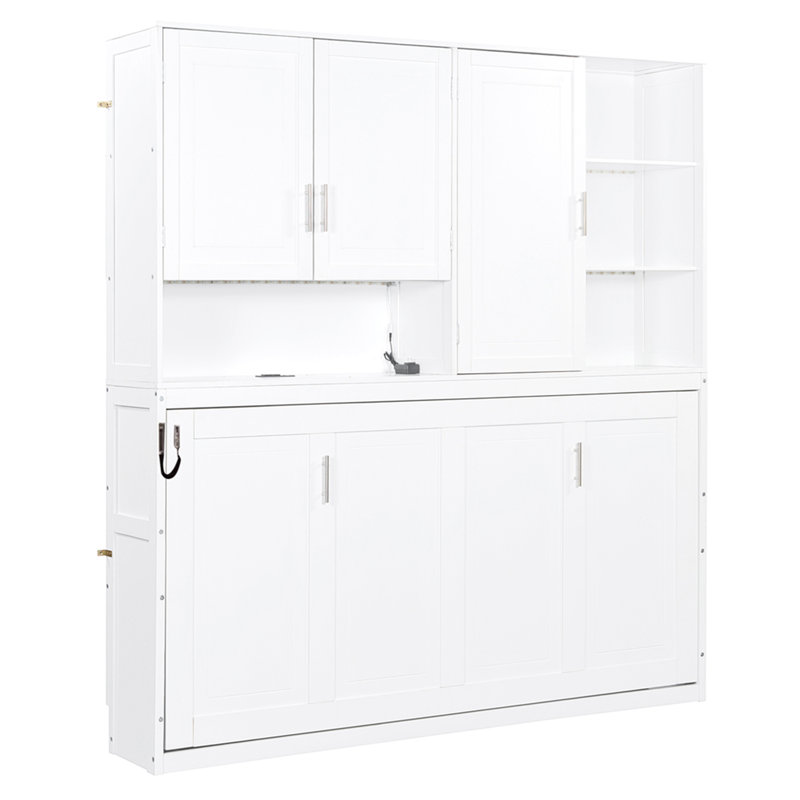 Lit escamotable mural simple avec armoire supérieure, tablettes, lit pliable peu encombrant avec lumière et USB, blanc, Blanc