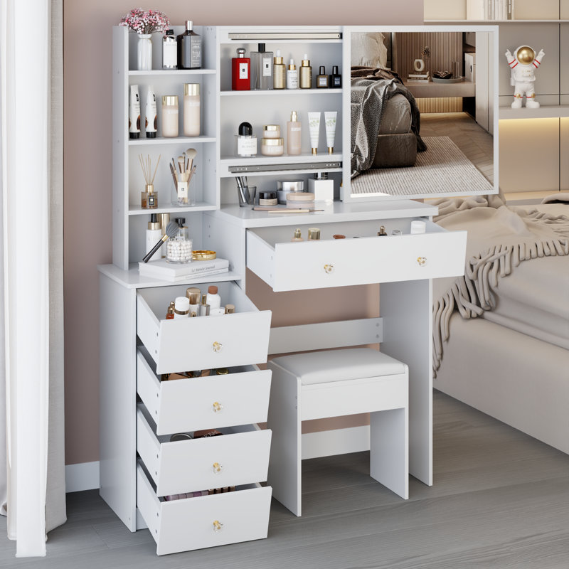 Table de chevet 37 po + tabouret rembourré, très grand miroir coulissant à droite, rangement multi-couches à grande capacité, ensemble de coiffeuse pratique à la mode, certificat EPA, GCC, UL