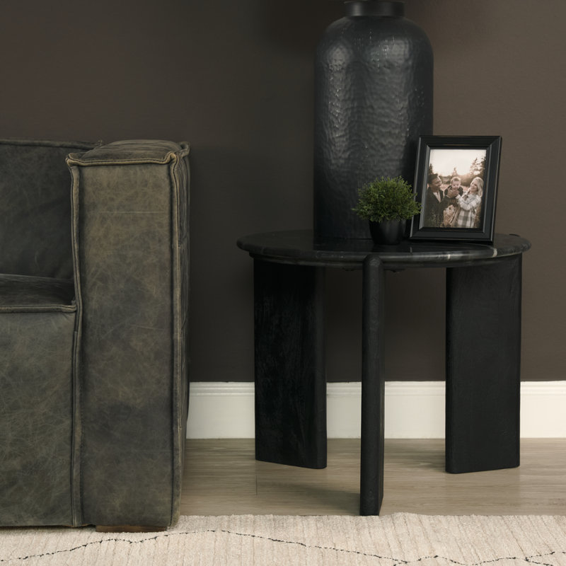 Genuine Marble 3 Legs End Table, Black