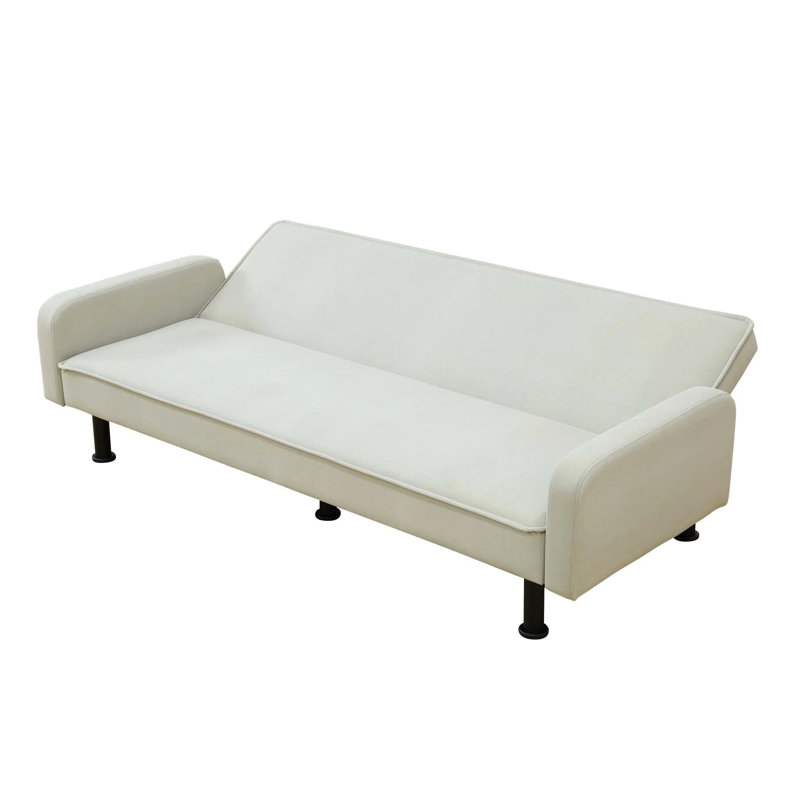 77.5" Square Arm Futon Sofa Bed Upholstered 3 Seat Couch For Home Office, Flannel, Light Gray, Beige Suede