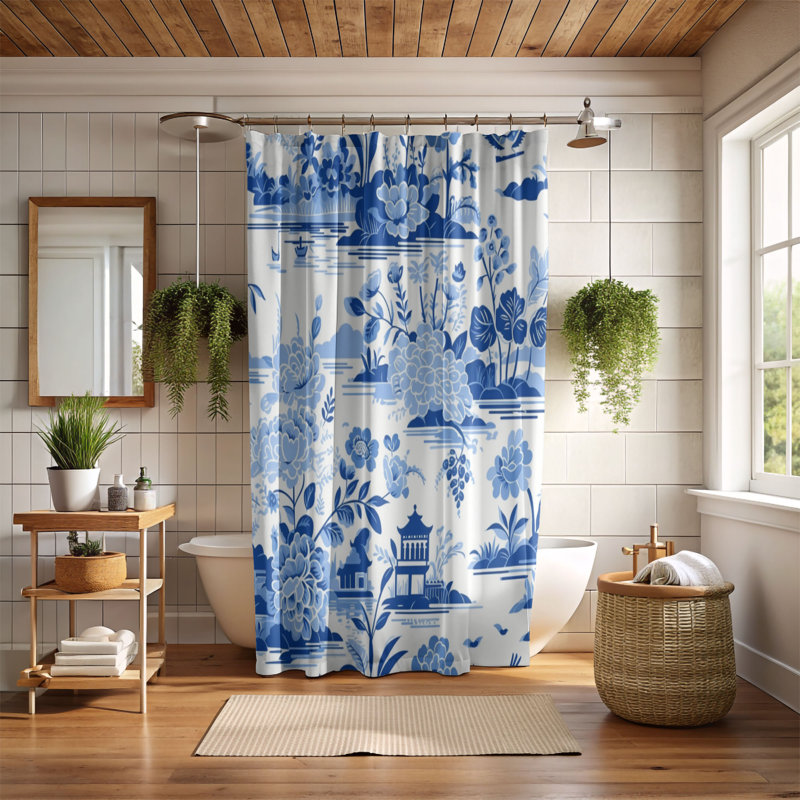 Rideau de douche 1 pièce Chinoiserie, H 74 po x l 71 po