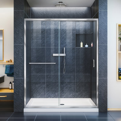 Porte de douche coulissante semi-encadrée DreamLine Infinity-Z 81 cm (P) x 152 cm (L) x 190 cm (H) chromée avec bonde centrale et ensemble de receveur de douche noir