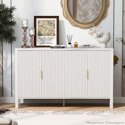 U_STYLE Modern 57.5" Stripe Door Storage Cabinet, 4-Door Sideboard with Back-of-Door Storage Racks & Side Hooks, Adjustable Shelves, MDF Cabinet with Aluminum Handles for Living Room, Dining Room