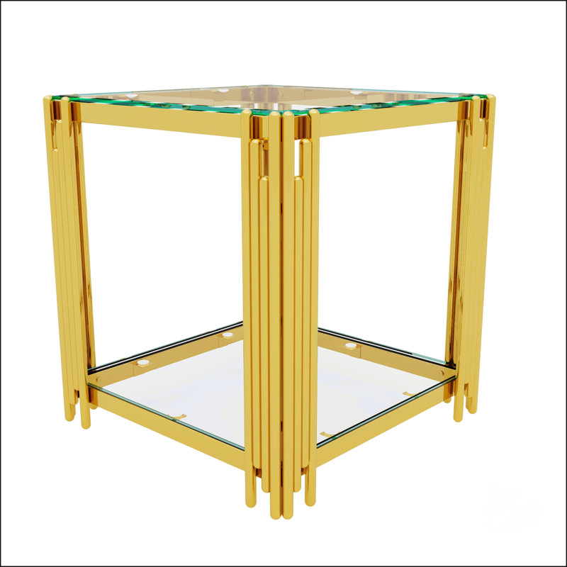 Table de bout moderne à miroir noir avec structure asymétrique en métal, tablette inférieure pour le salon, 19,9 po