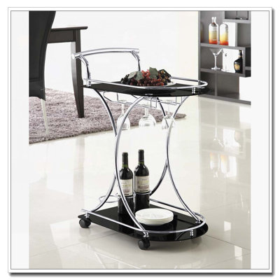 Allen Black and Chrome 2-Tier Glass Shelf Metal Bar Cart