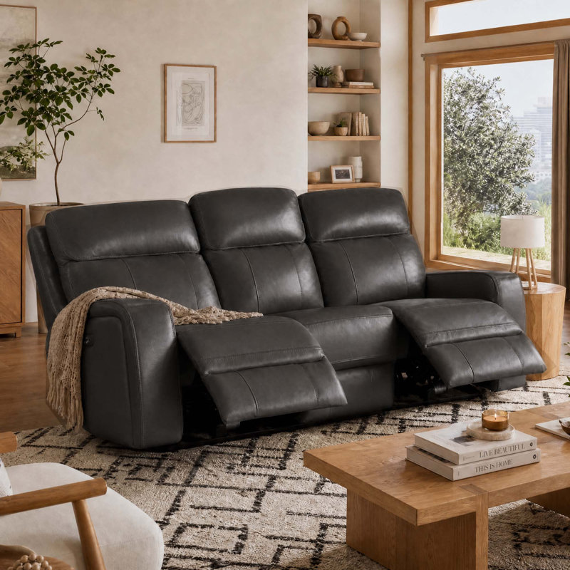 85.4'' Genuine Leather Zero Gravity Power Recliner Sofa with USB Port, Impression Dark Gray