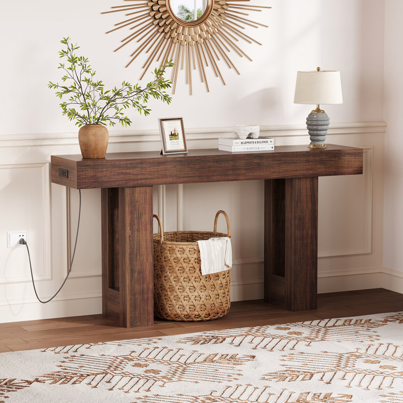 Console avec prise de courant, canapé extra long de 63 po avec port USB et type C pour entrée, brun, Brun