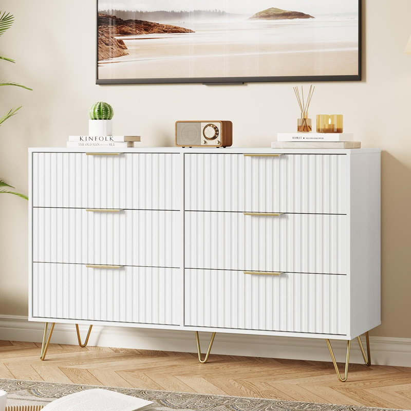 Modern Wood Dresser with 6 Fluted Drawers, Large Storage Chest for Bedroom or Living Room, White