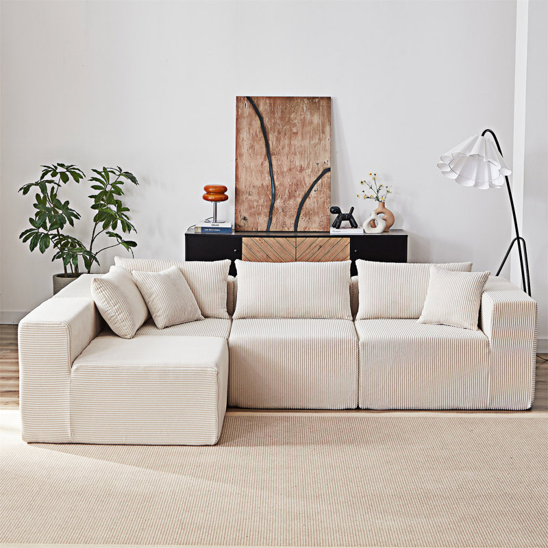 Boneless Upholstered Modular L Shaped Sectional Sofa, Beige