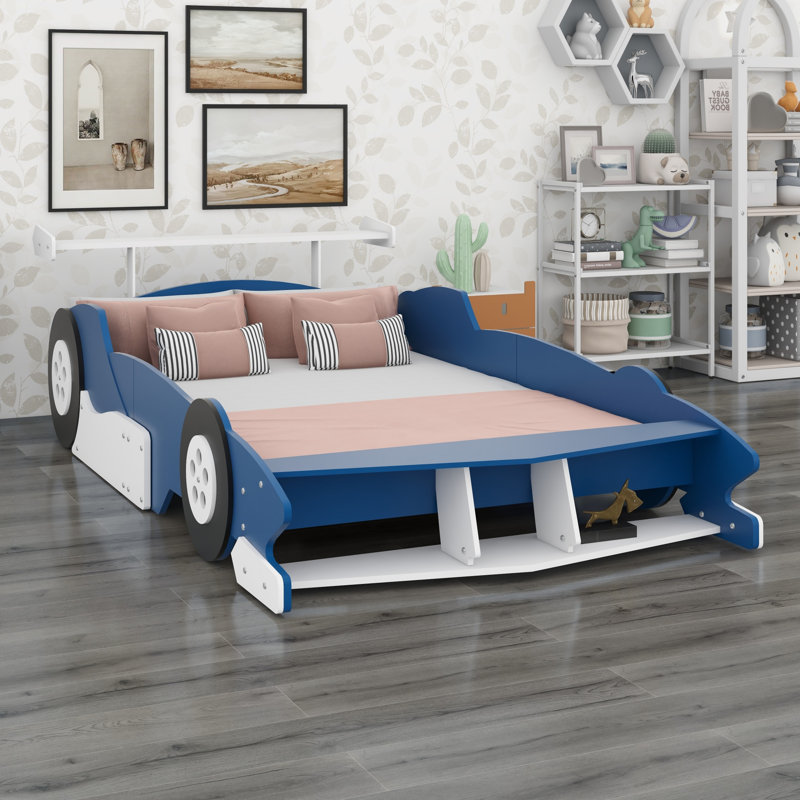 Platform Bed in Race Car Shape with  Wheels, Blue