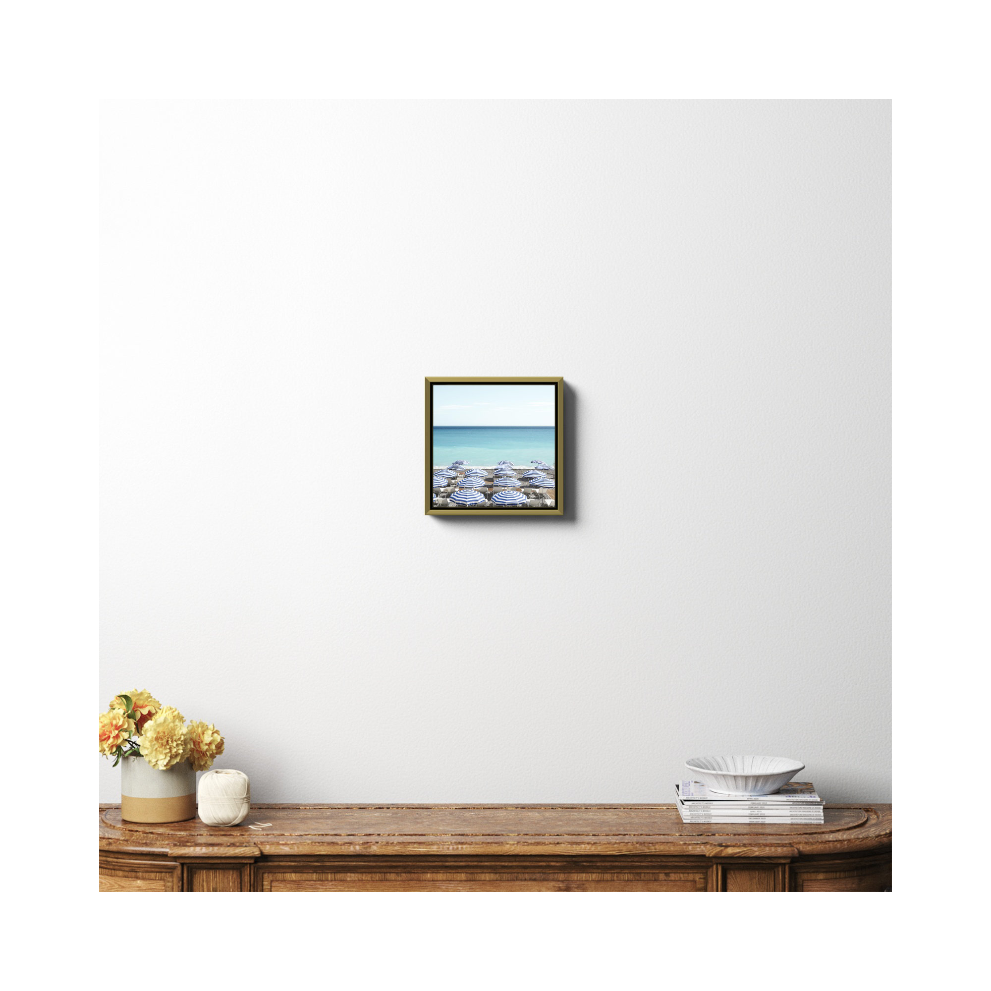 Blue Beach Umbrellas Photo by Henrike Schenk, Gold Framed Canvas, 12" H x 12" W x 2" D, No