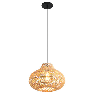 Rattan Pendant Light, Natural Wicker Shade, Iron Frame, Adjustable Height, E27 Socket, 48 Cm Diameter, For Dining Room Living Room (Bulb Not Included)