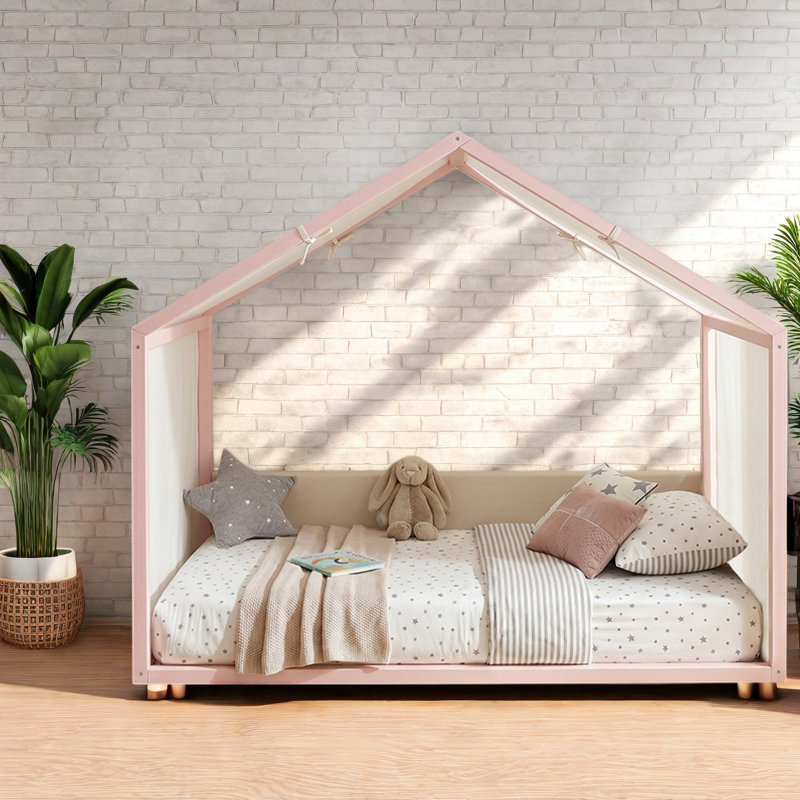 Lits à baldaquin rose doux, cadre en bois aggloméré simple, chambre à coucher moderne pour la maison